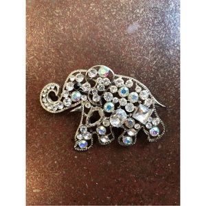 Iridescent Elephant Jeweled Brooch Silver